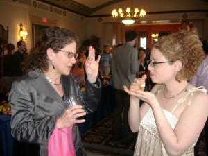 At the 2006 Hopwood Awards reception, Eileen talks writing with former student Jenni Ferrari-Adler