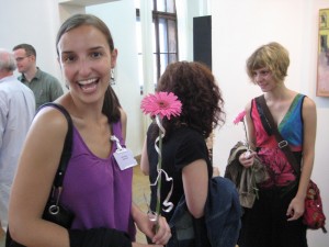 Kodi Scheer after the welcome ceremony. To her left, Maya Sloan speaks with Alexandra Chaushova (facing camera).  