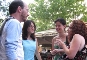 Translator Boris Deliradev talks with 2009 fellows Yanitsa Radeva, Maria Doneva, and Maya Sloan.