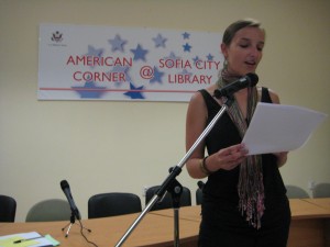 Kodi Scheer reading at the American Corner in Sofia
